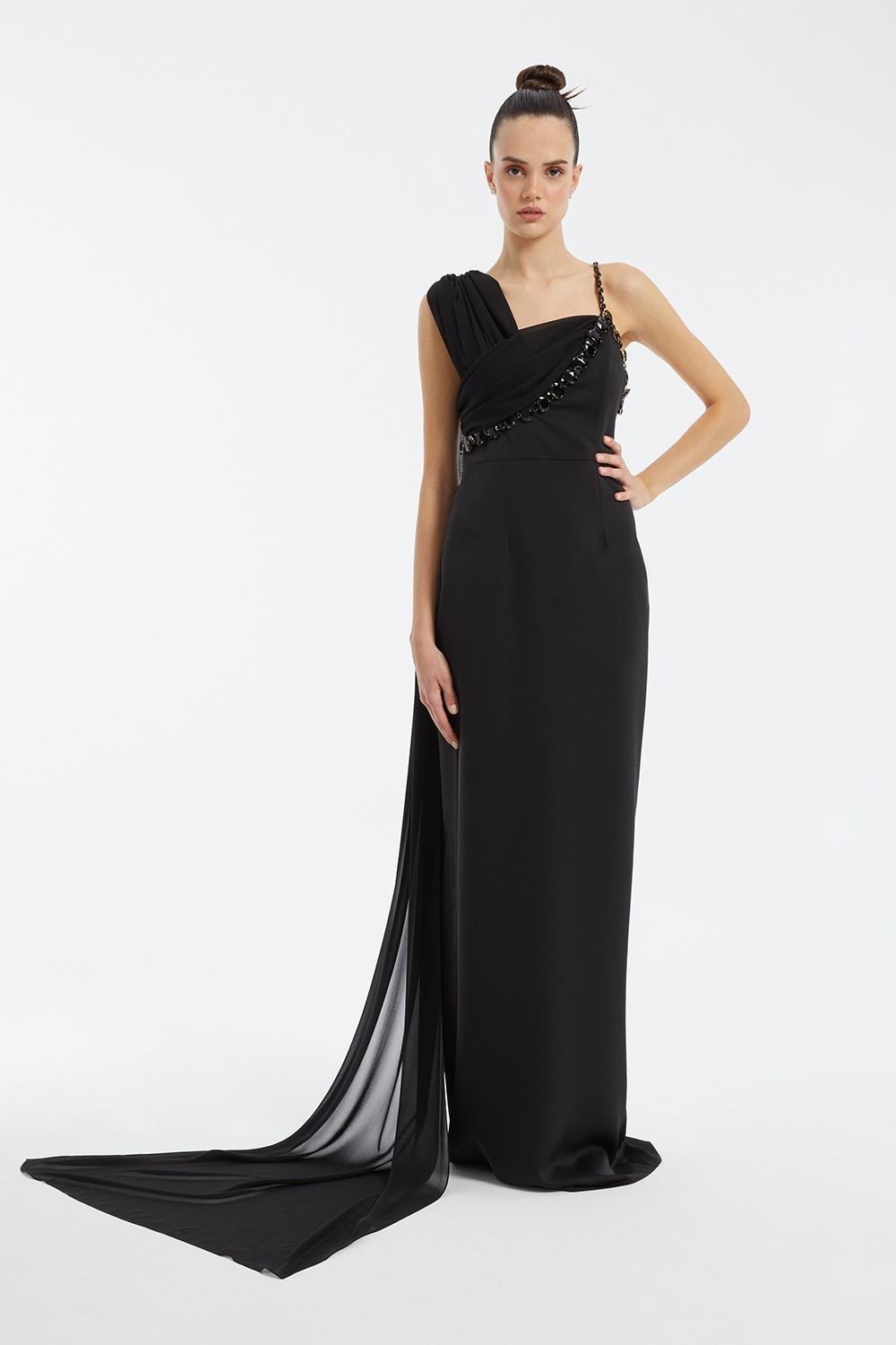 Embroidered Strappy Long Evening Dress