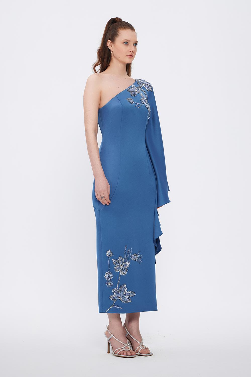 Embroidery Detailed One Shoulder Evening Dress