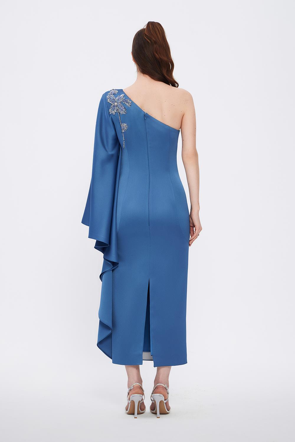 Embroidery Detailed One Shoulder Evening Dress