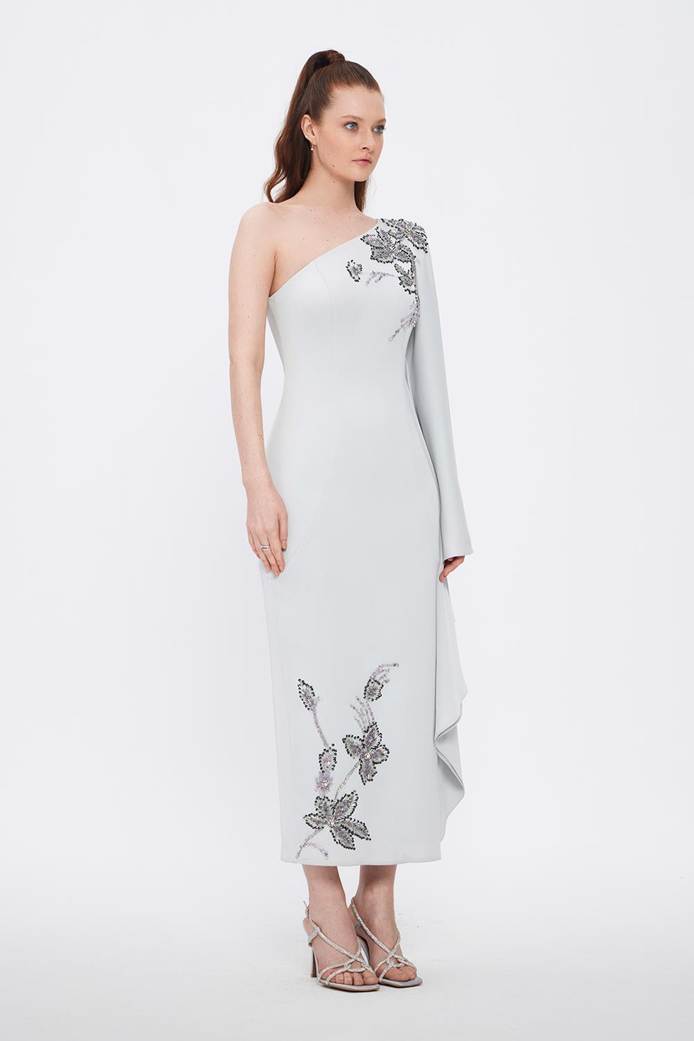 Embroidery Detailed One Shoulder Evening Dress