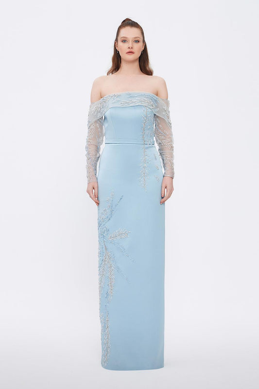 Embroidery Detailed Strapless Collar Long Evening Dress - 5009C