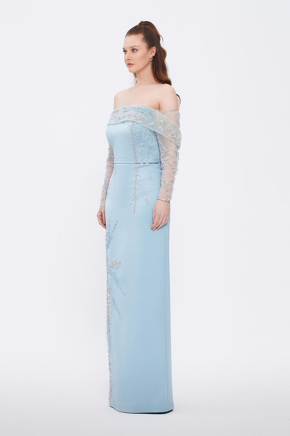 Embroidery Detailed Strapless Collar Long Evening Dress