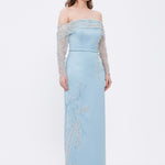 Embroidery Detailed Strapless Collar Long Evening Dress