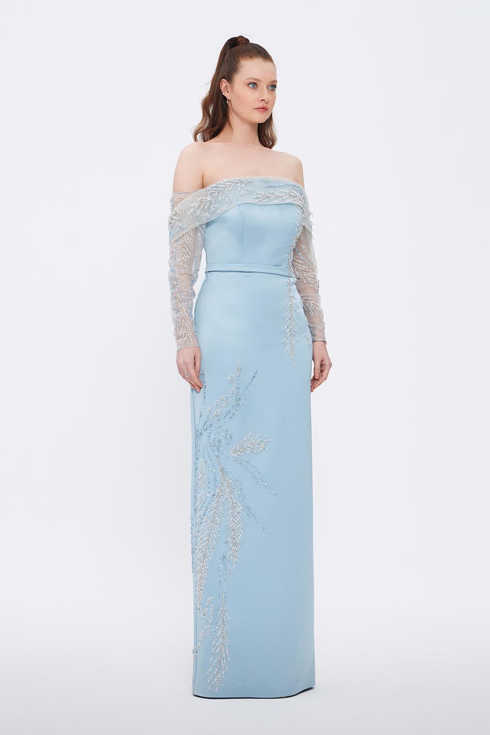 Embroidery Detailed Strapless Collar Long Evening Dress