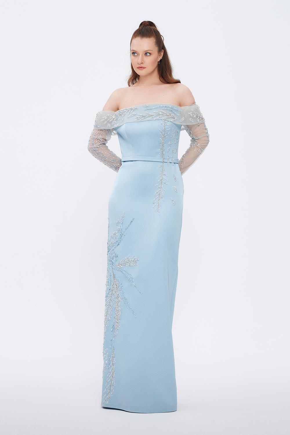 Embroidery Detailed Strapless Collar Long Evening Dress