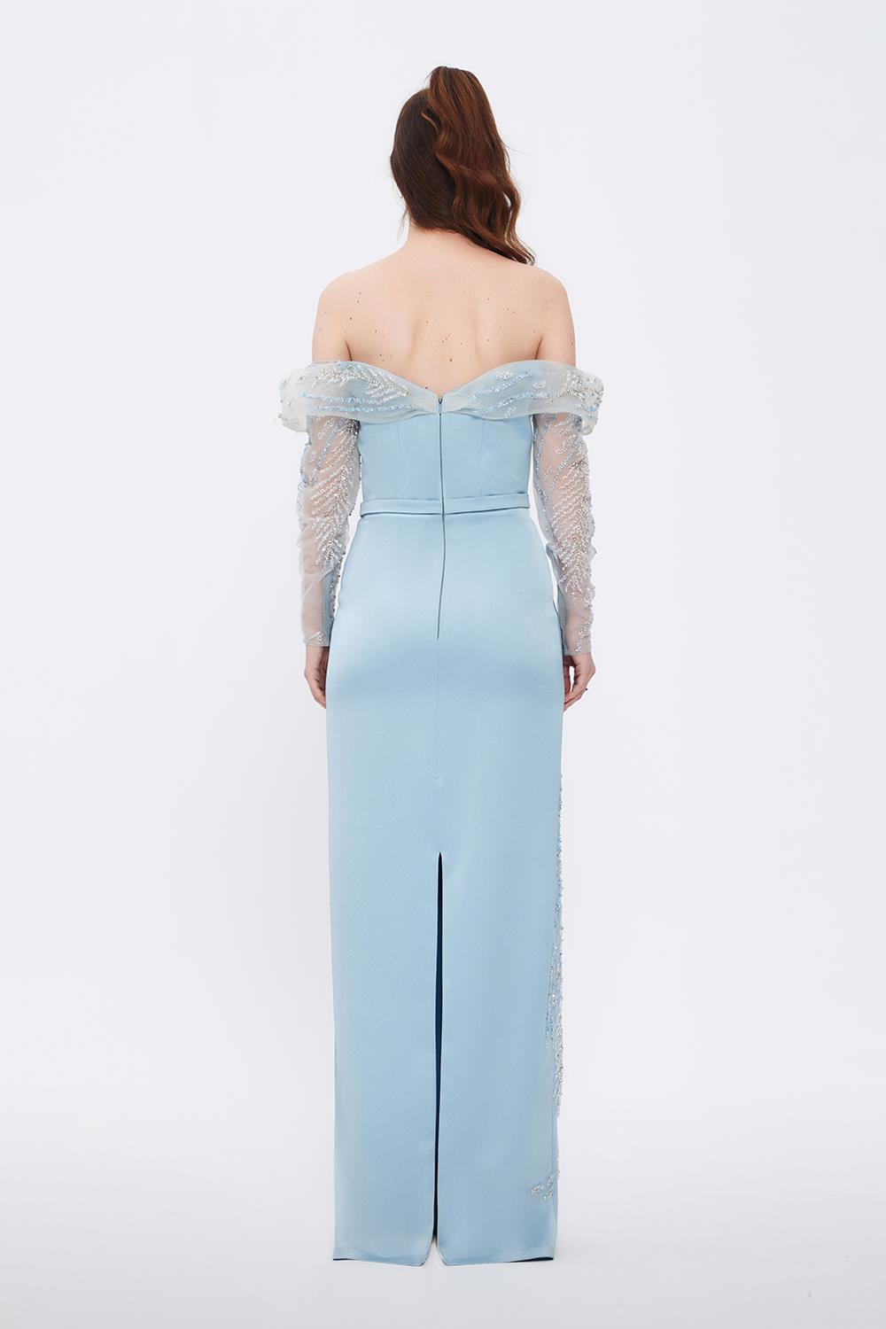 Embroidery Detailed Strapless Collar Long Evening Dress