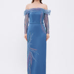 Embroidery Detailed Strapless Collar Long Evening Dress