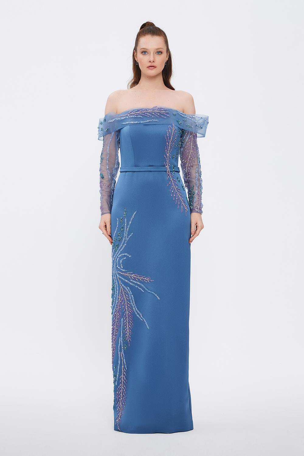 Embroidery Detailed Strapless Collar Long Evening Dress