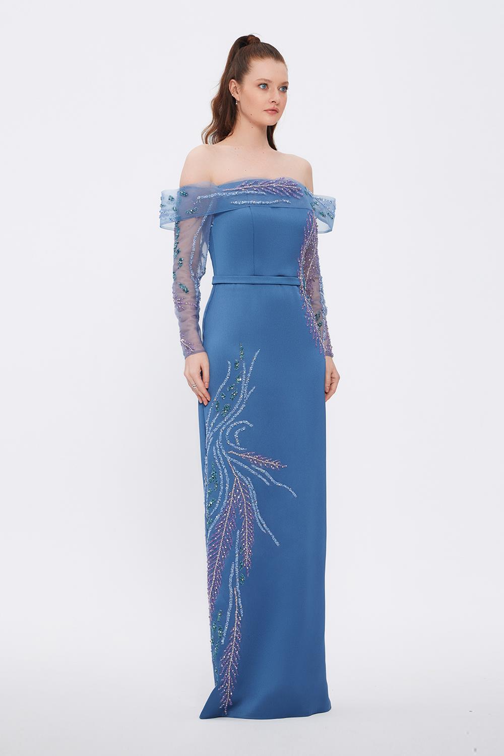 Embroidery Detailed Strapless Collar Long Evening Dress