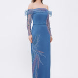 Embroidery Detailed Strapless Collar Long Evening Dress