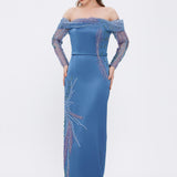 Embroidery Detailed Strapless Collar Long Evening Dress