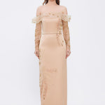 Embroidery Detailed Strapless Collar Long Evening Dress