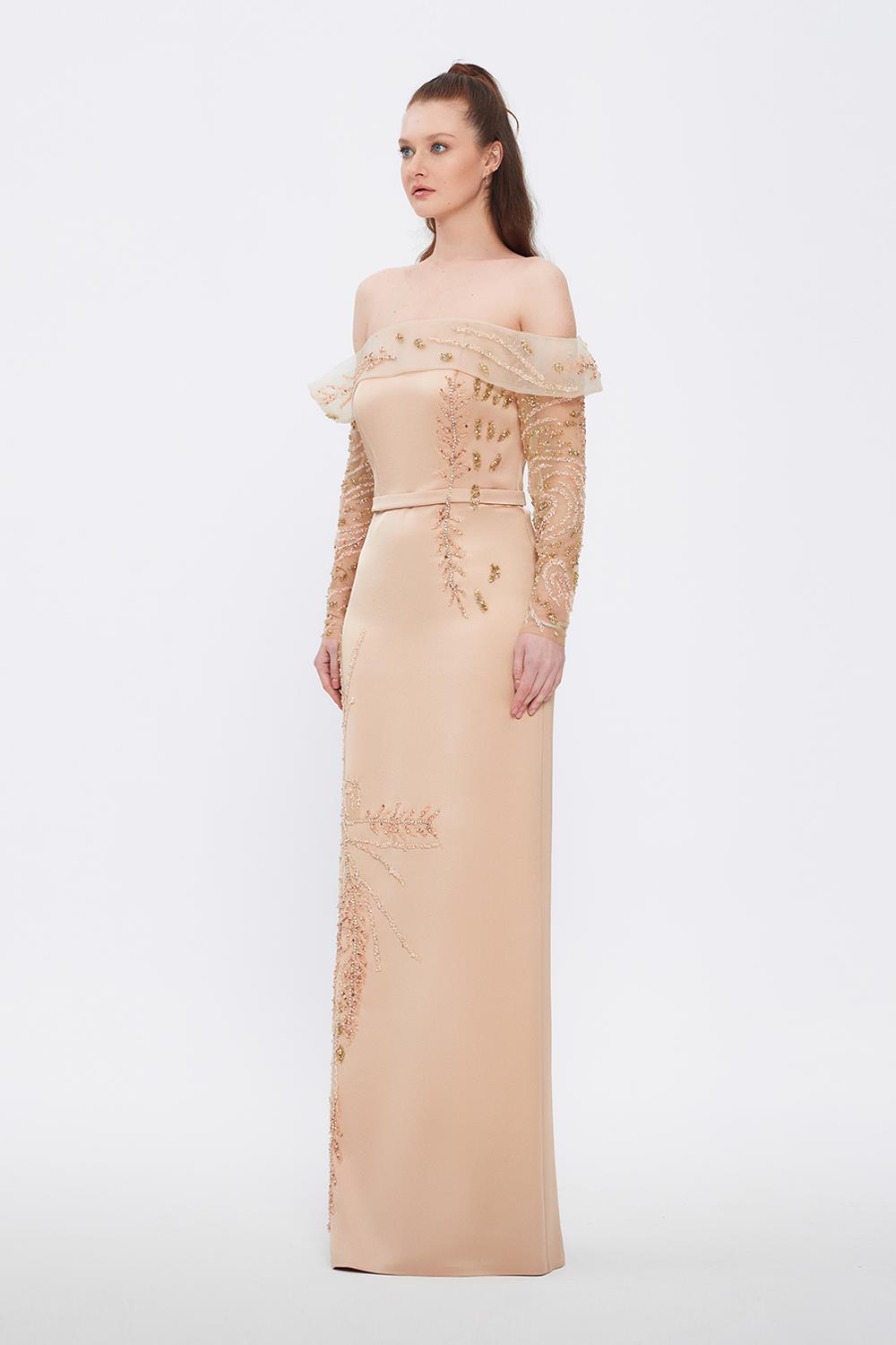 Embroidery Detailed Strapless Collar Long Evening Dress