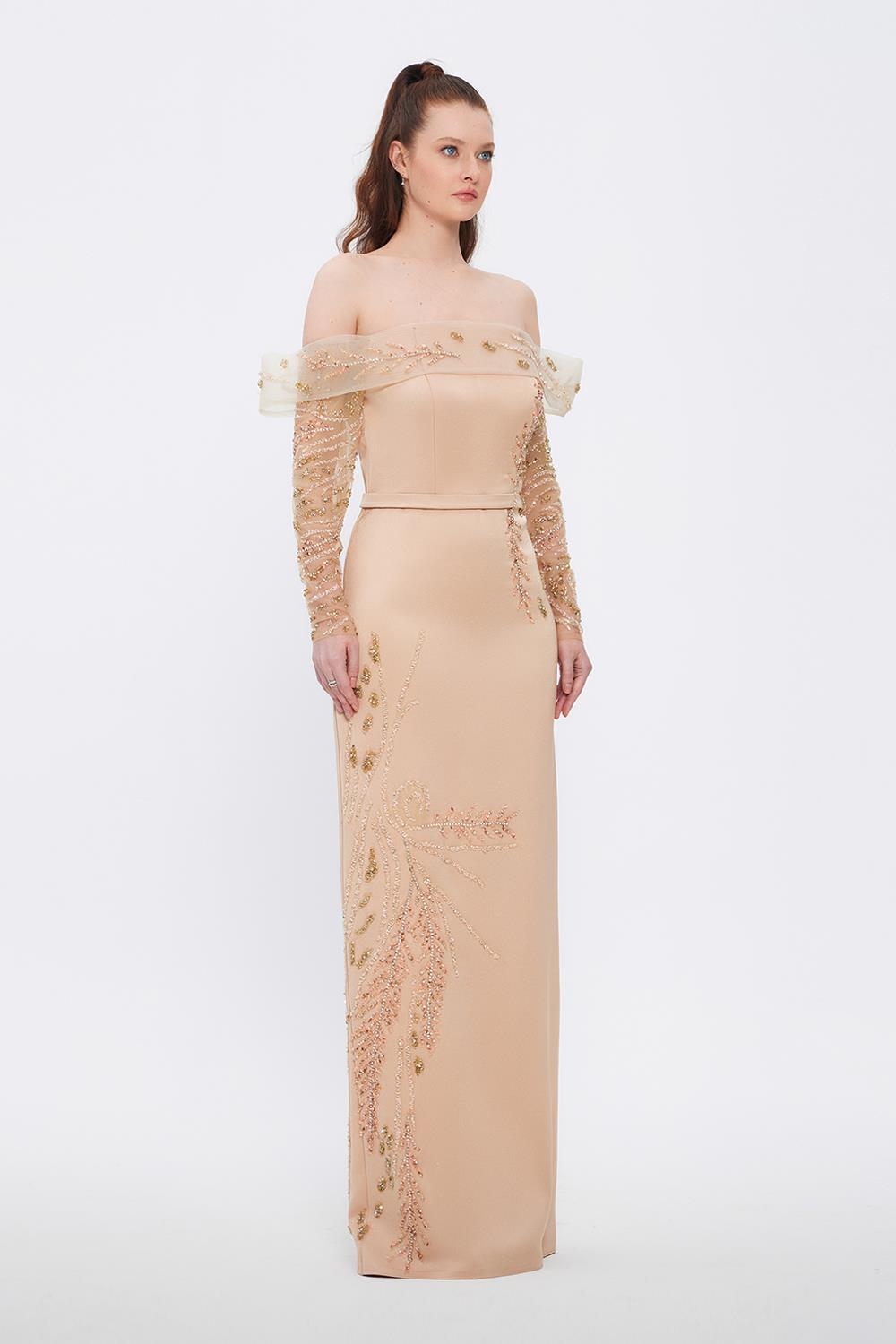 Embroidery Detailed Strapless Collar Long Evening Dress