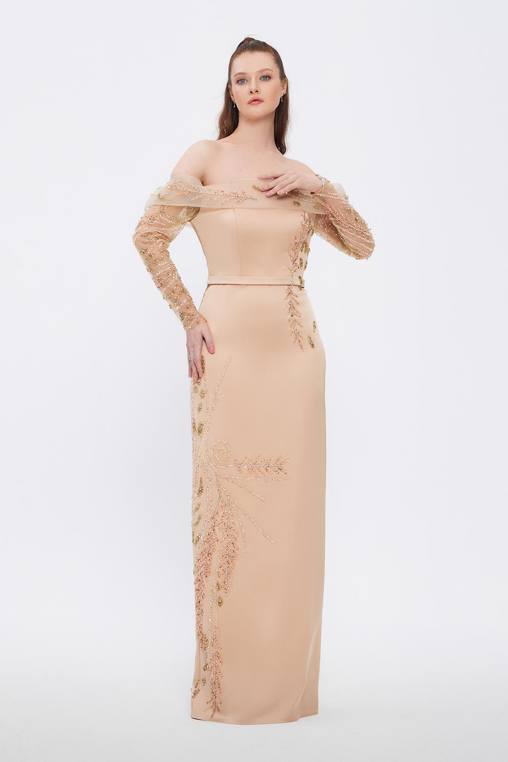 Embroidery Detailed Strapless Collar Long Evening Dress