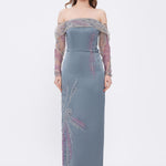 Embroidery Detailed Strapless Collar Long Evening Dress