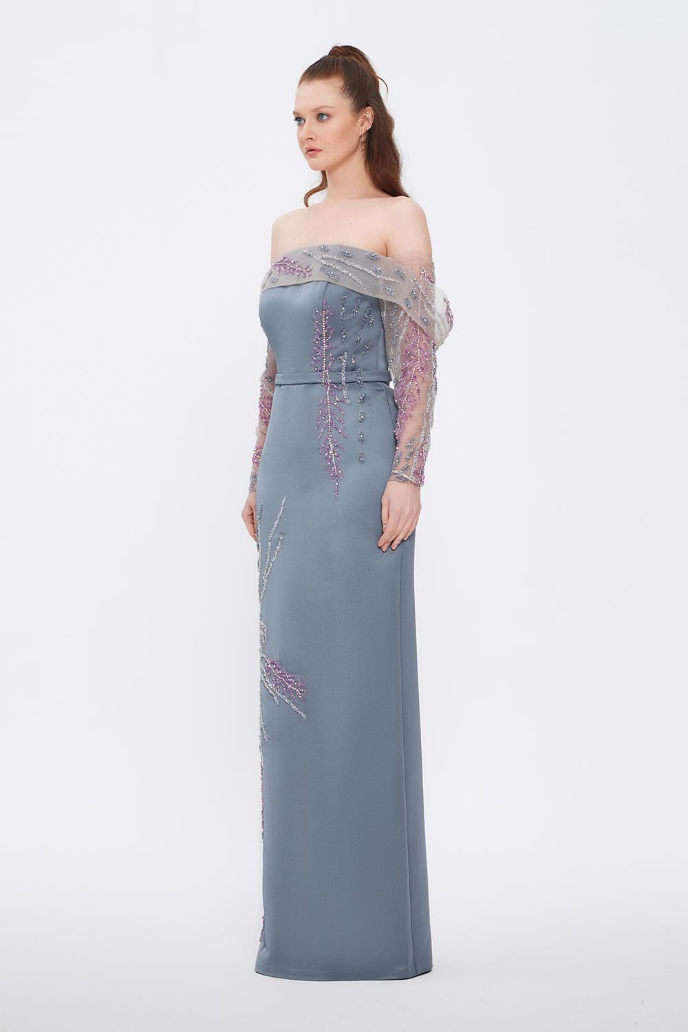 Embroidery Detailed Strapless Collar Long Evening Dress