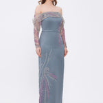 Embroidery Detailed Strapless Collar Long Evening Dress