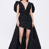 Evening Dress with Short Front and Long Sleeve Slits at the Back