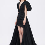 Evening Dress with Short Front and Long Sleeve Slits at the Back