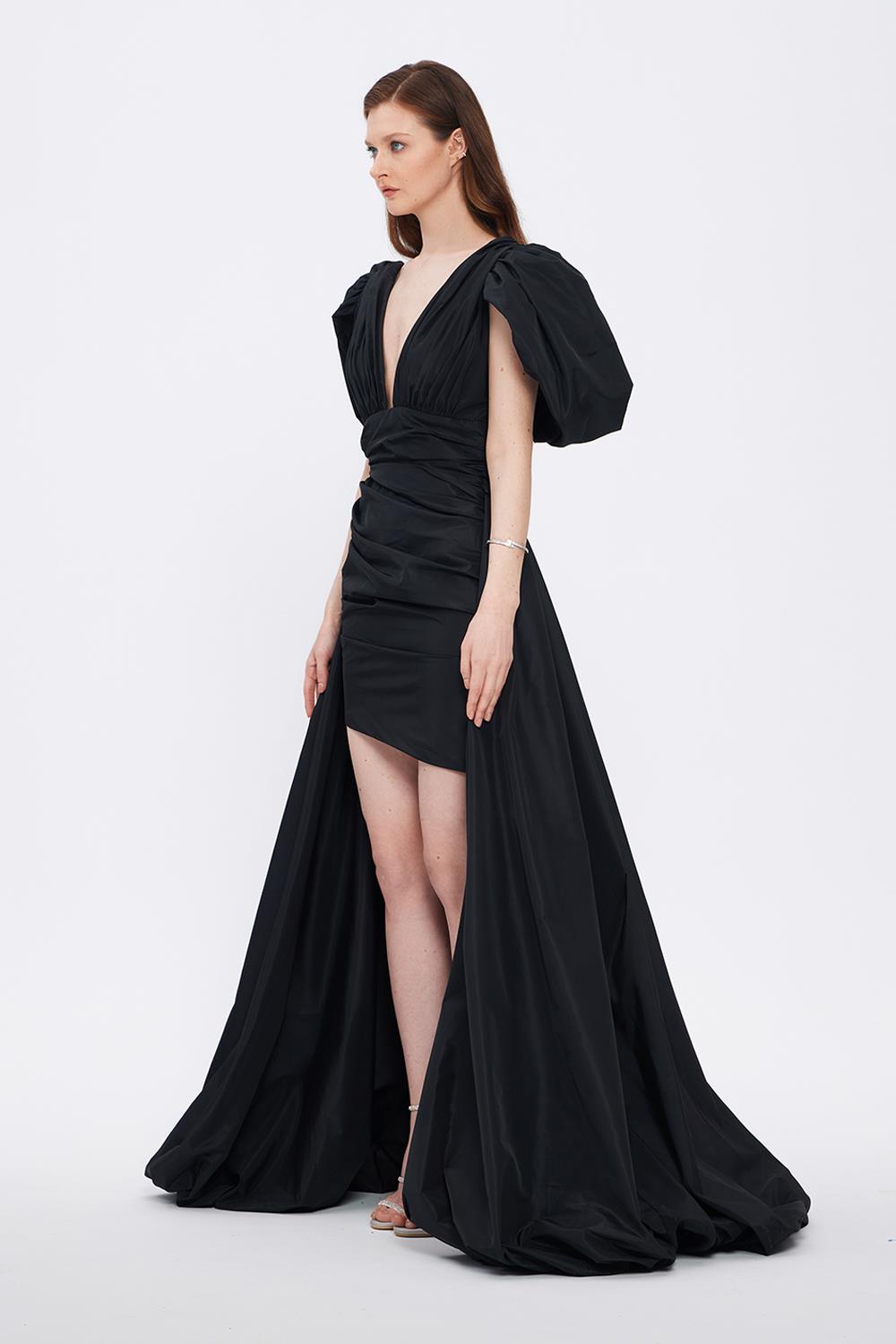 Evening Dress with Short Front and Long Sleeve Slits at the Back