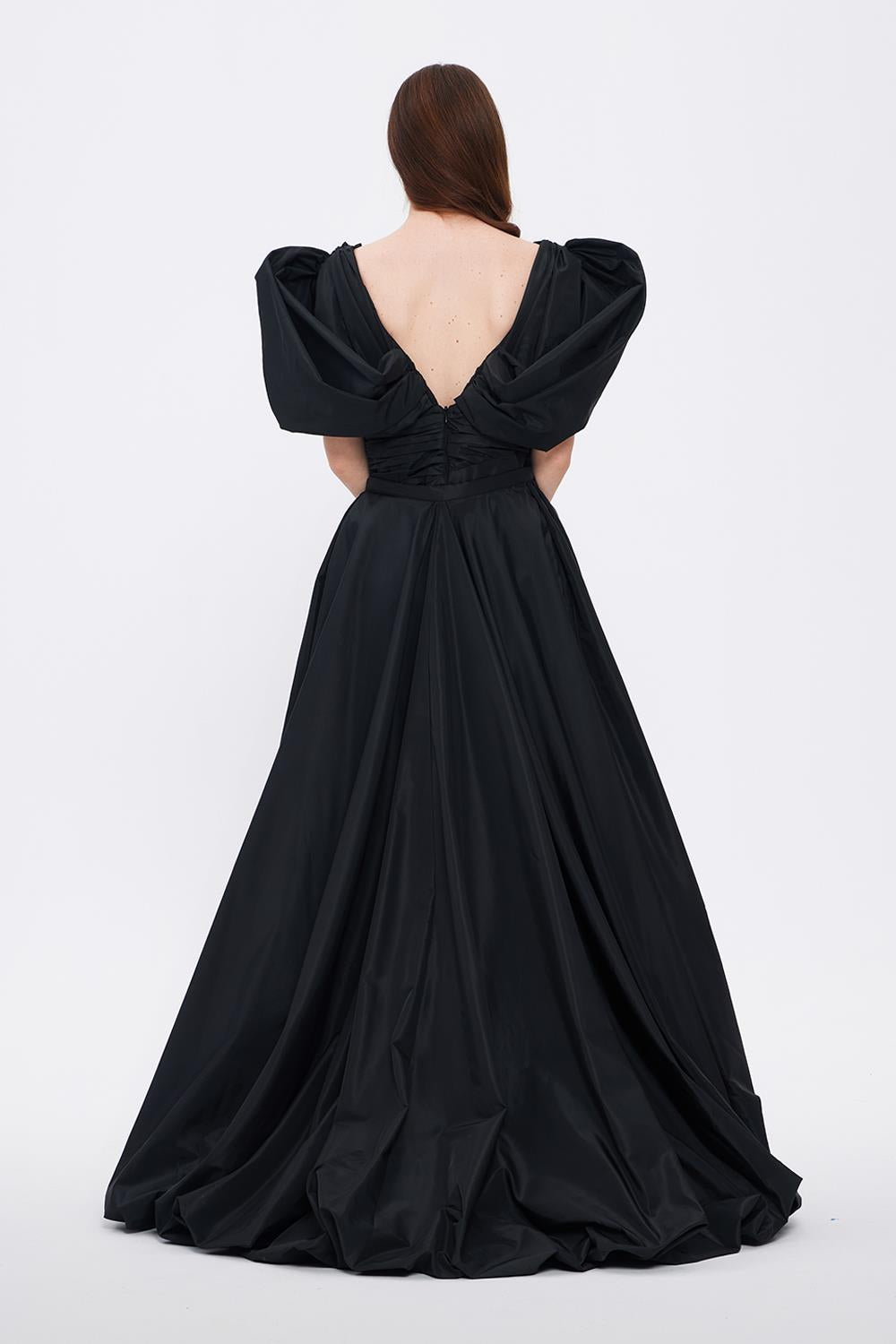 Evening Dress with Short Front and Long Sleeve Slits at the Back