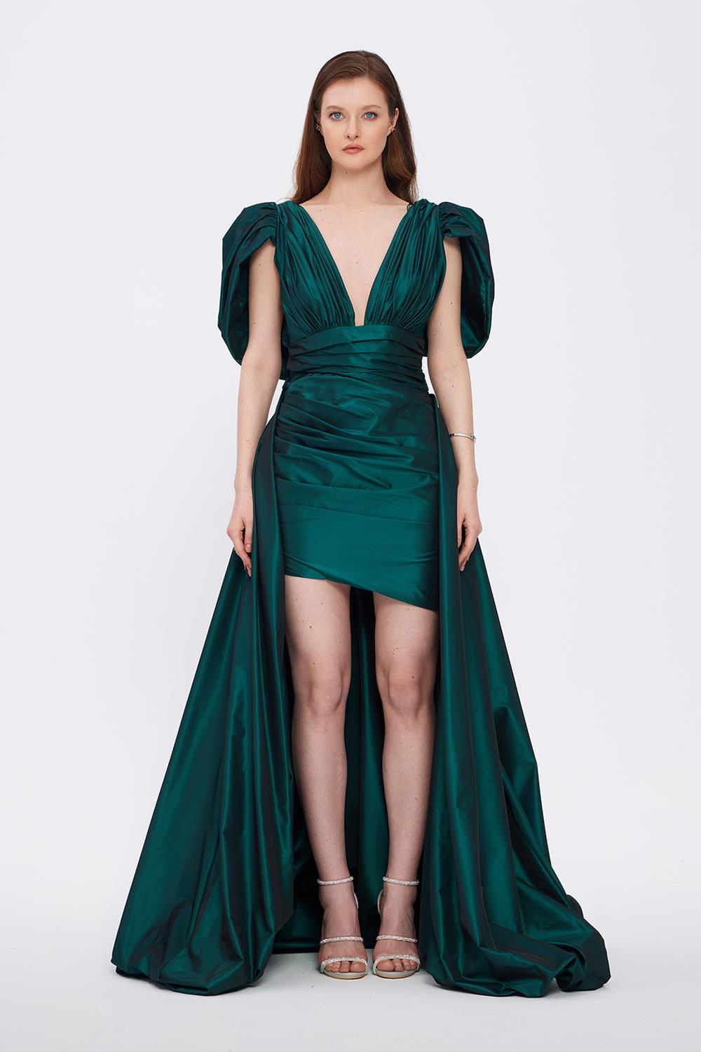 Evening Dress with Short Front and Long Sleeve Slits at the Back