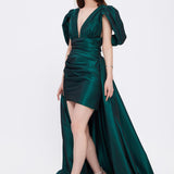 Evening Dress with Short Front and Long Sleeve Slits at the Back