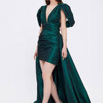 Evening Dress with Short Front and Long Sleeve Slits at the Back