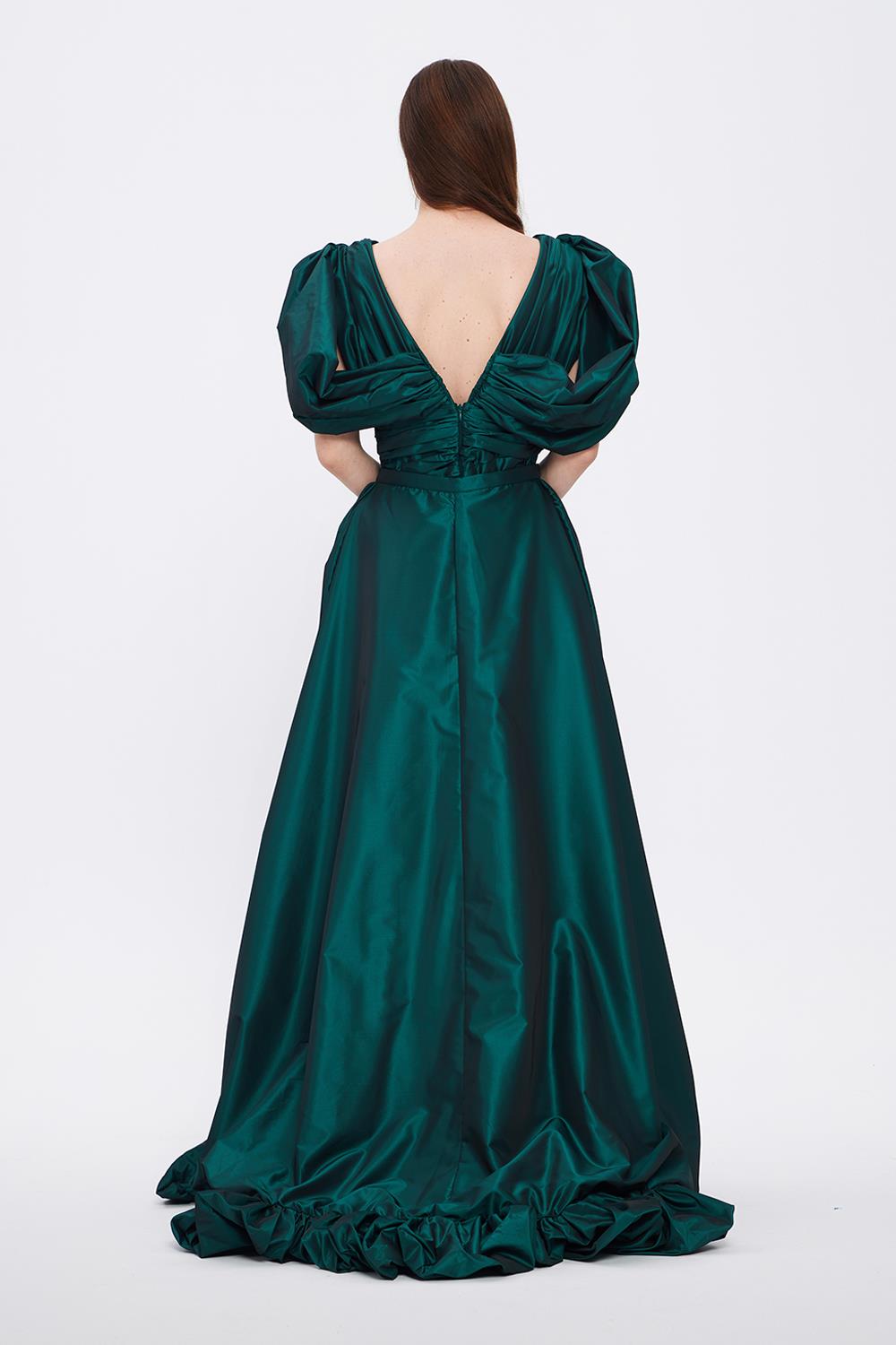 Evening Dress with Short Front and Long Sleeve Slits at the Back