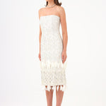 Feather Detailed Strapless Stone Midi Evening Dress