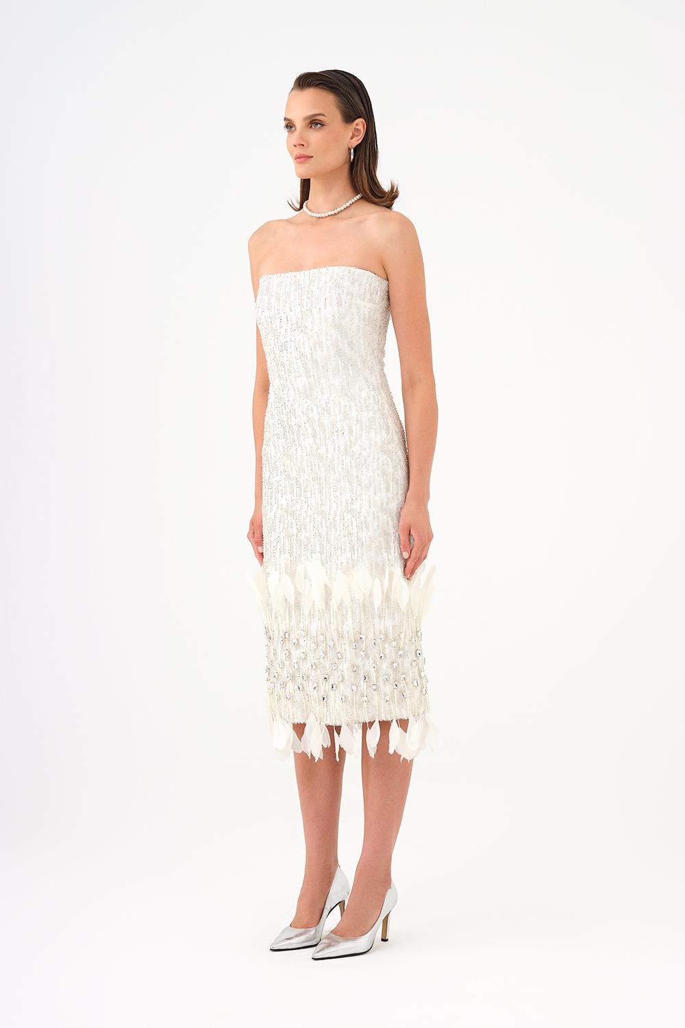 Feather Detailed Strapless Stone Midi Evening Dress