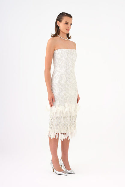 Feather Detailed Strapless Stone Midi Evening Dress