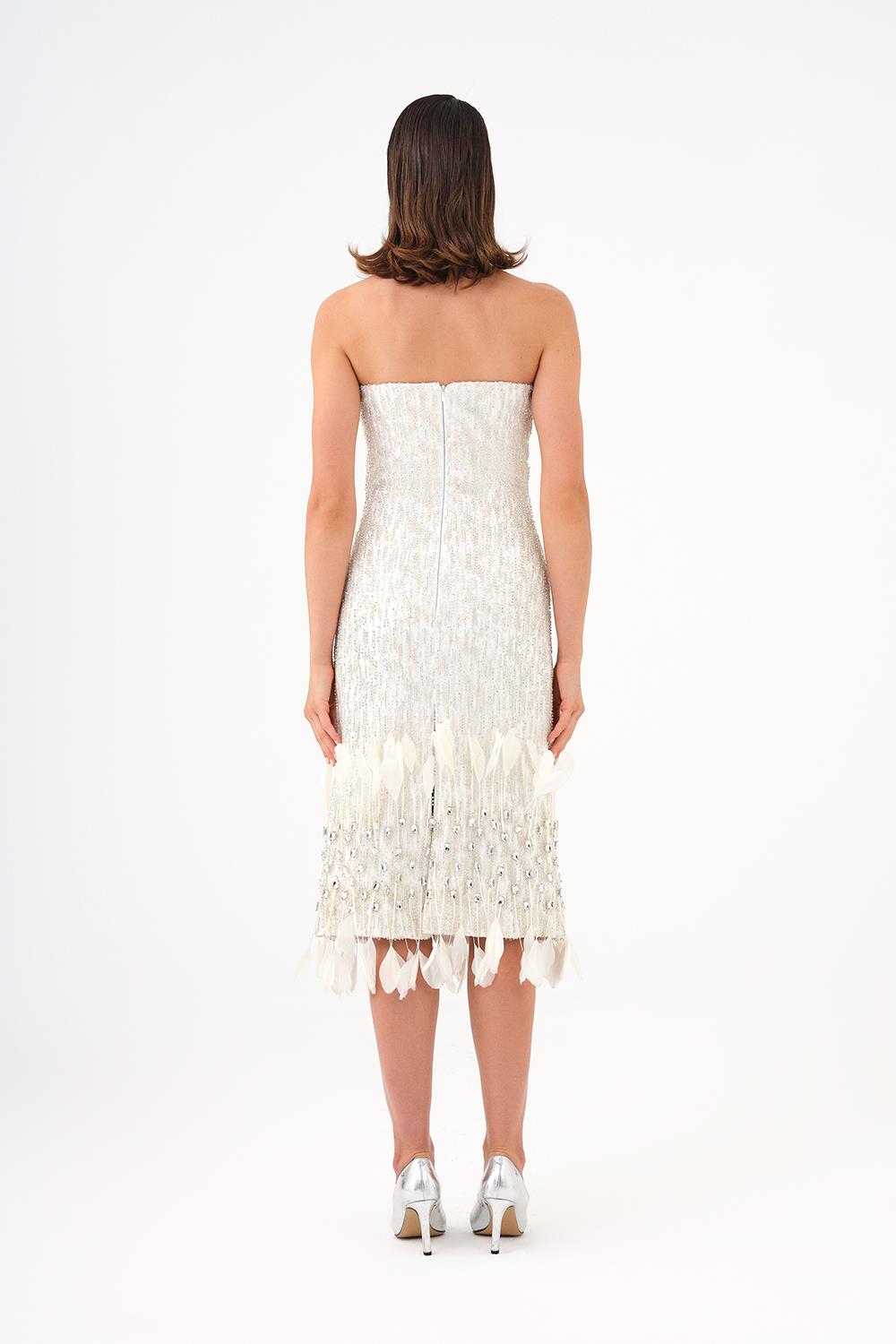 Feather Detailed Strapless Stone Midi Evening Dress