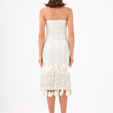 Feather Detailed Strapless Stone Midi Evening Dress