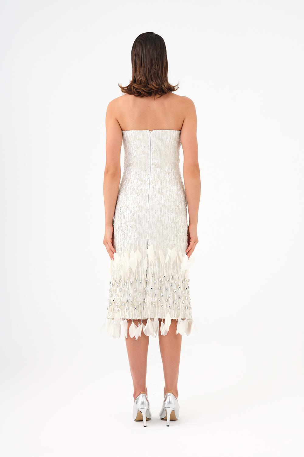 Feather Detailed Strapless Stone Midi Evening Dress – CENGIZ AKTURK ...