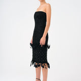 Feather Detailed Strapless Stone Midi Evening Dress