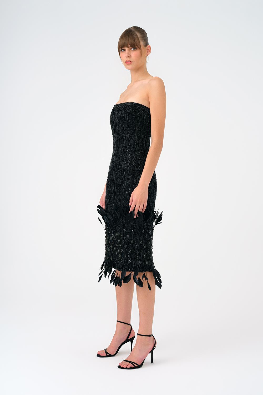 Feather Detailed Strapless Stone Midi Evening Dress - 9160C