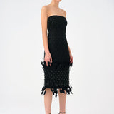 Feather Detailed Strapless Stone Midi Evening Dress