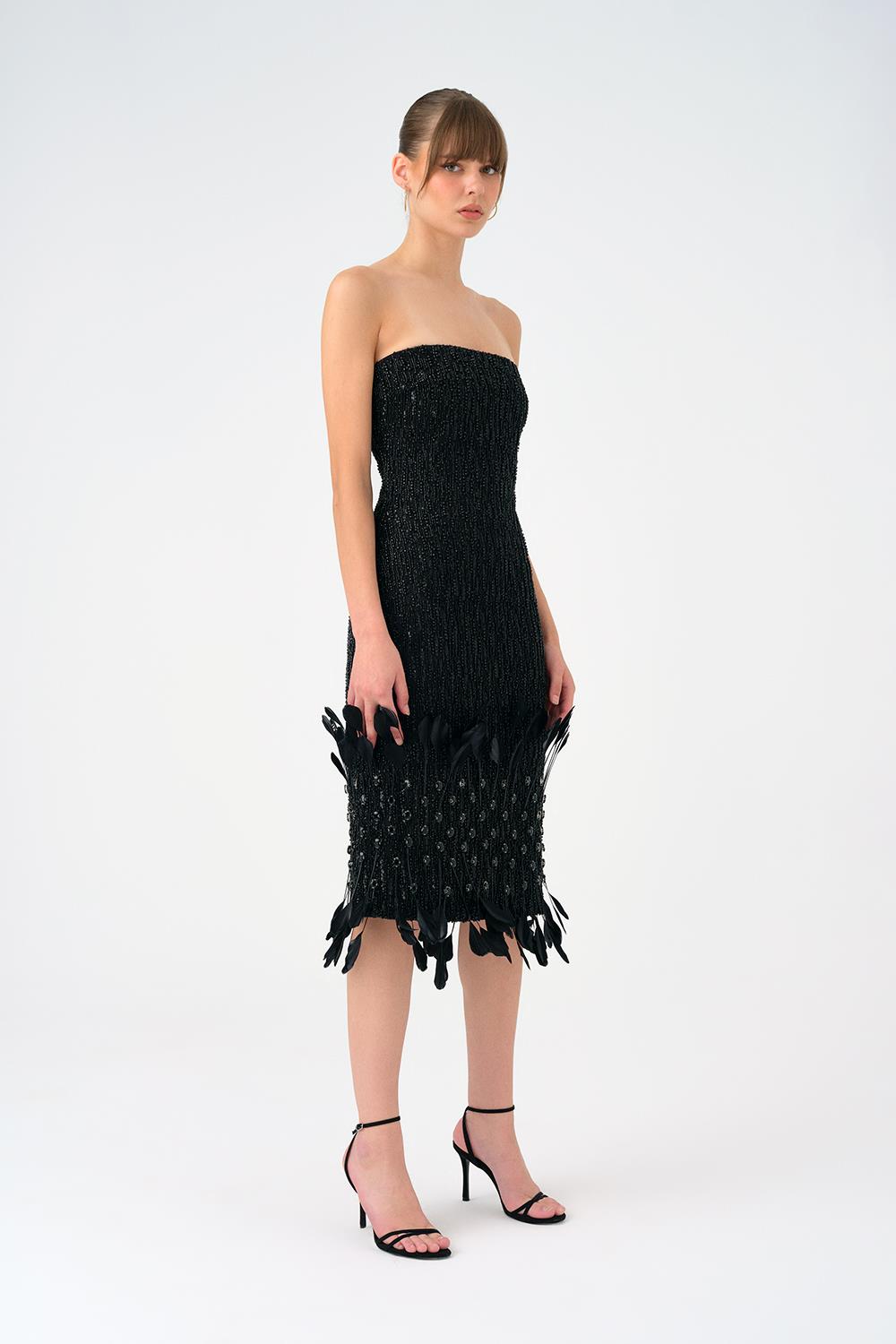 Feather Detailed Strapless Stone Midi Evening Dress - 9160C