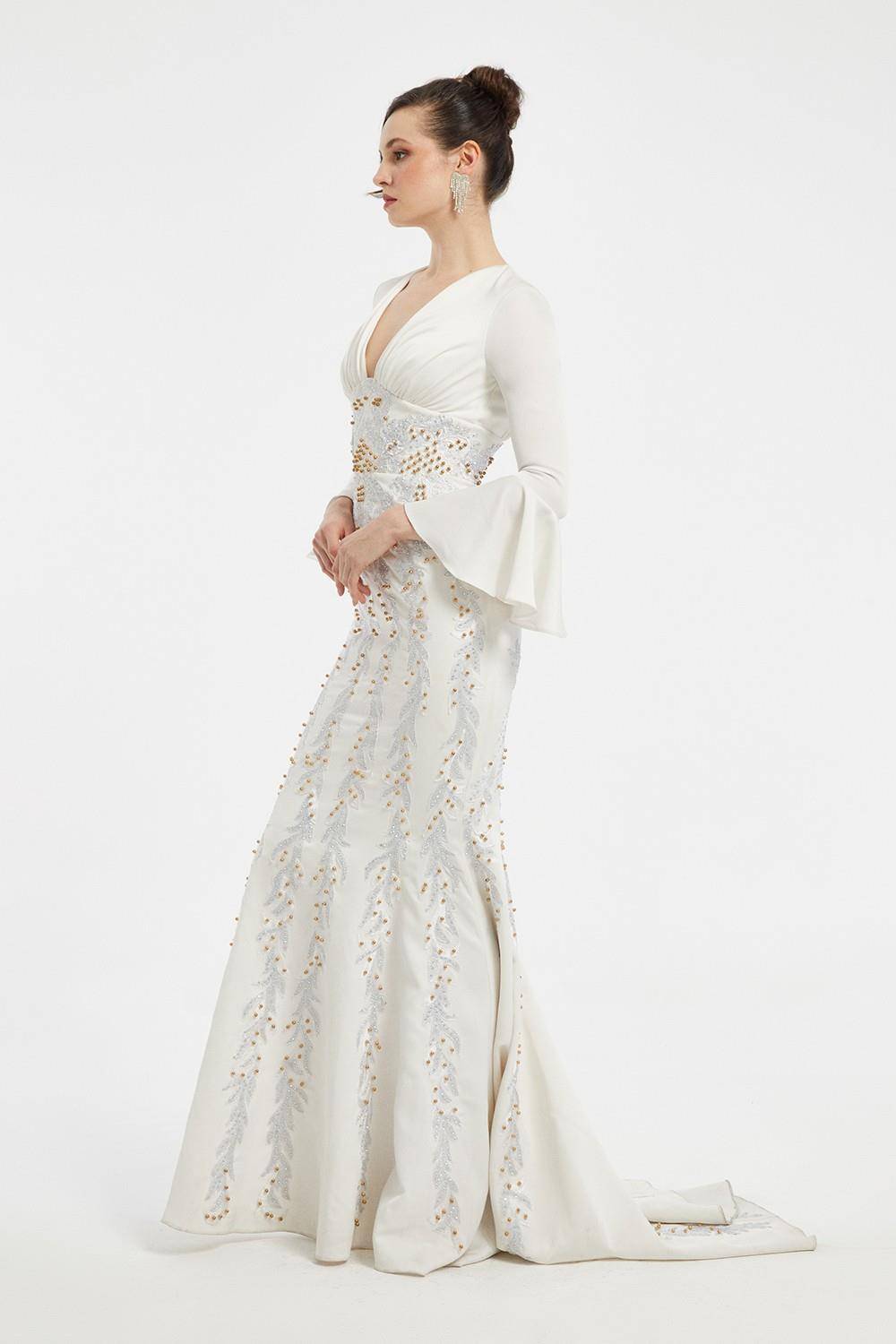Fish Cut Embroidery Detailed Batwing Sleeve Veiling Long Evening Dress