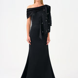 Stone Embroidered Fish Cut Long Evening Dress - 9166C