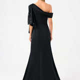 Stone Embroidered Fish Cut Long Evening Dress - 9166C