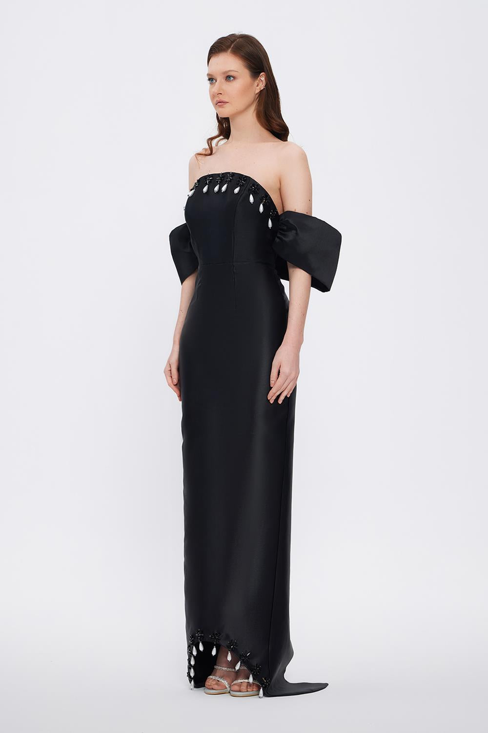 Flared Crepe Long Evening Dress