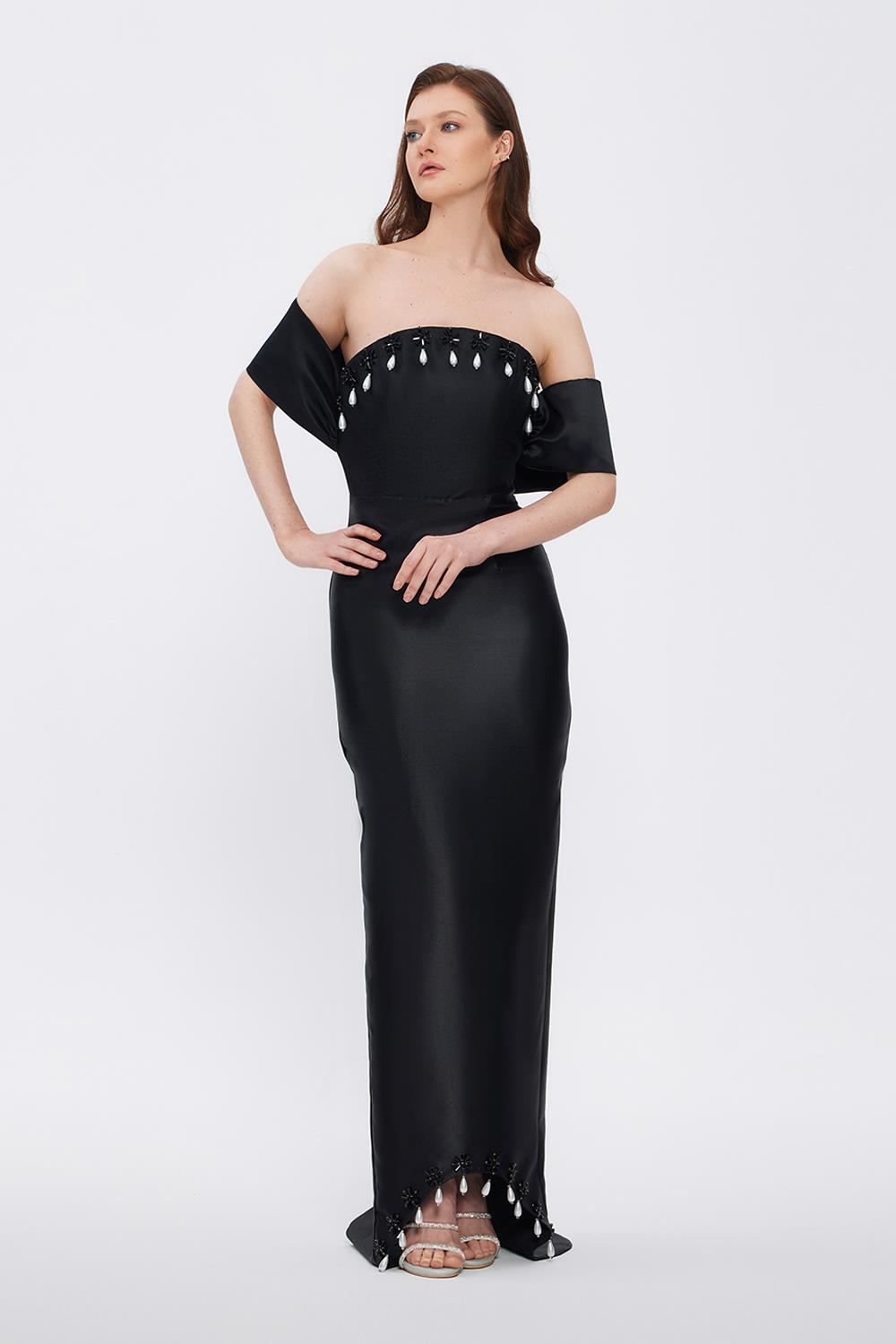 Flared Crepe Long Evening Dress