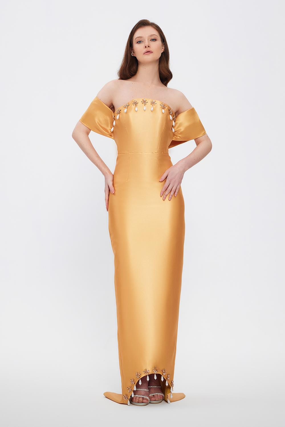 Flared Crepe Long Evening Dress