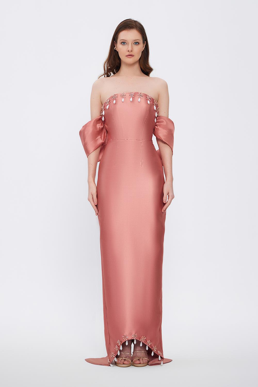 Flared Crepe Long Evening Dress