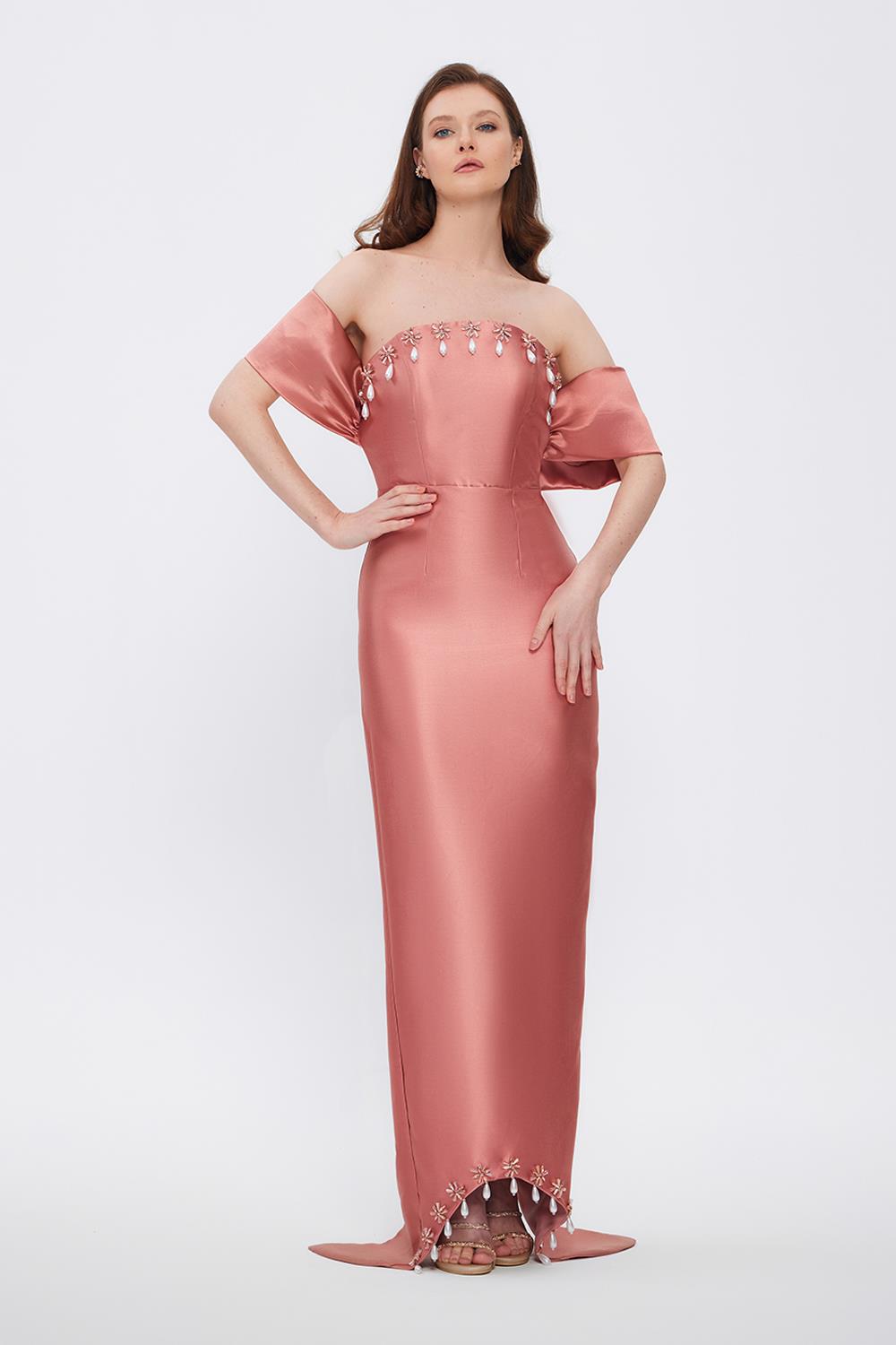 Flared Crepe Long Evening Dress