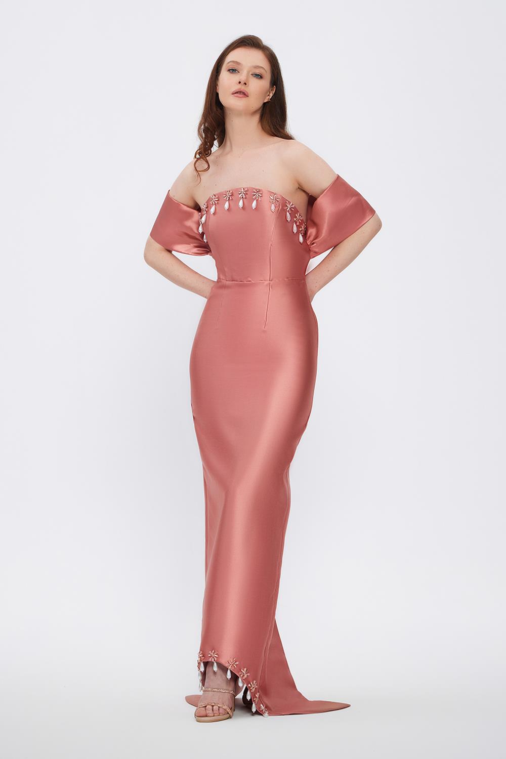 Flared Crepe Long Evening Dress