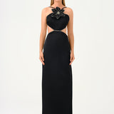 Flower Detailed Satin Long Evening Dress with Straps - 9178C